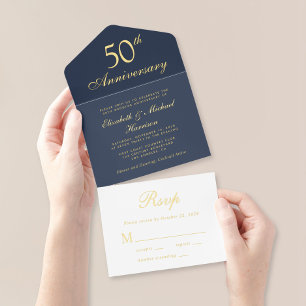 ブルーエレガント金ゴールド50周年結婚の日 オールインワン招待状