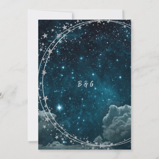 ブルーエレガント銀河系ス結婚キーの日付の安全 招待状 (裏面)