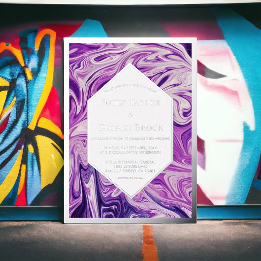 ブルーエレガント銀河系抽象芸術アー結婚トズシルバー 箔招待状