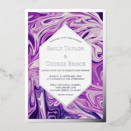 ブルーエレガント銀河系抽象芸術アー結婚トズシルバー 箔招待状 (正面)