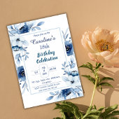 ブルーエレガント18th誕生日フローラシェード 招待状