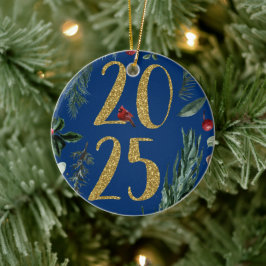 ブルーエレガント2025年素朴ニューイヤーホリデーカード セラミックオーナメント