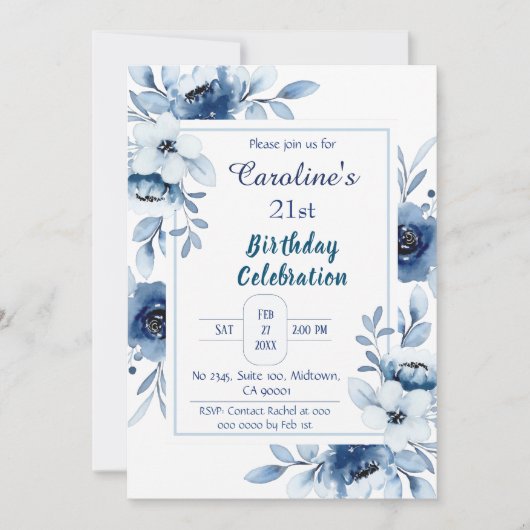 ブルーエレガント21th誕生日フローラシェード 招待状 (正面)