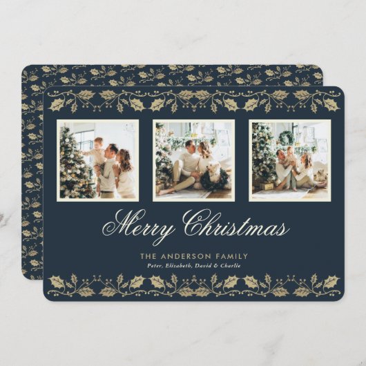 ブルーエレガント3フォトメリークリスマスカード シーズンカード (正面/裏面)