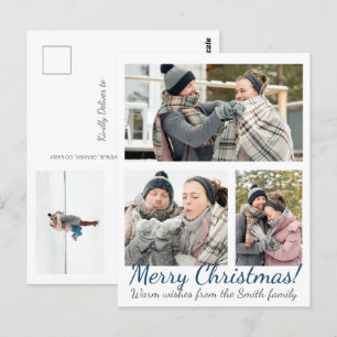 ブルーエレガント3写真書道ホリデークリスマス ポストカード