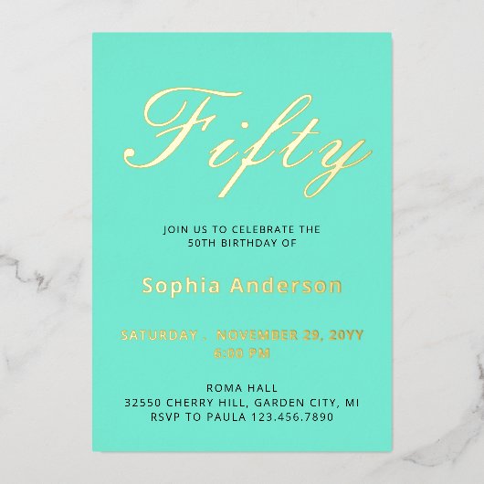 ブルーエレガント50番目の誕生日フォイル招待状 箔招待状 (正面)