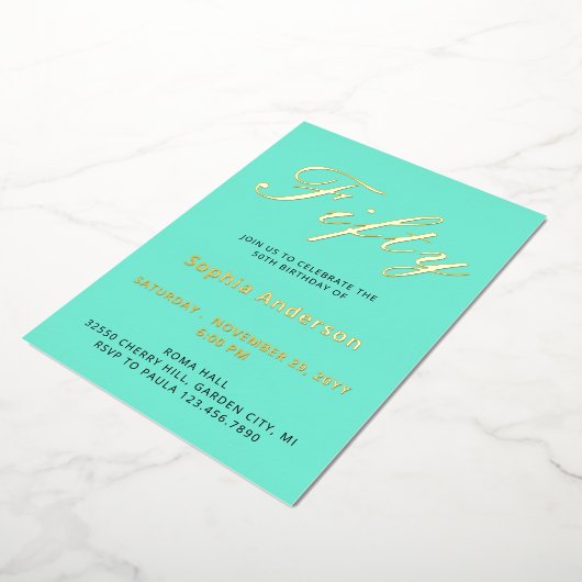 ブルーエレガント50番目の誕生日フォイル招待状 箔招待状 (回転した状態)