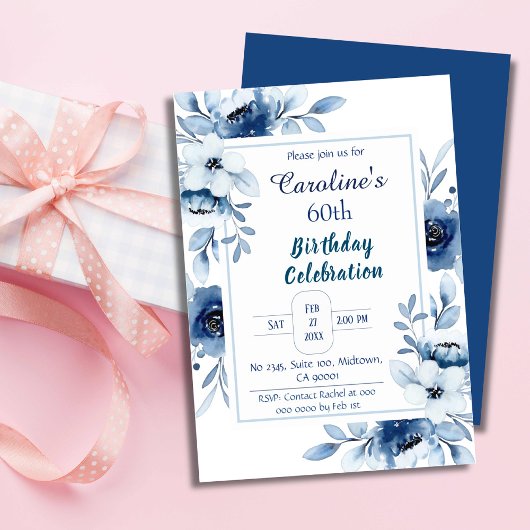 ブルーエレガント60th誕生日フローラシェード 招待状