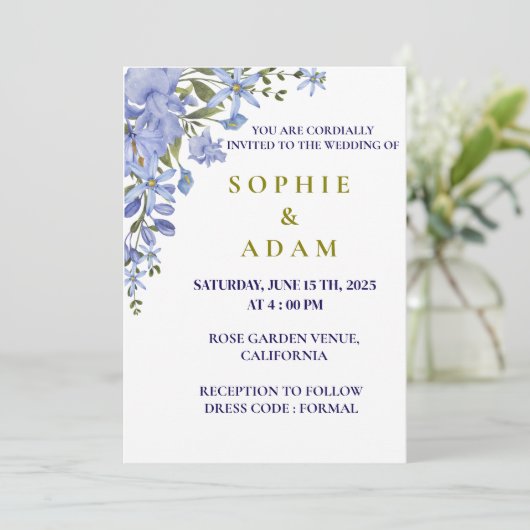 ブルーエレガント&オリーブグリーン結婚式招待状、 招待状 (スタンド正面)