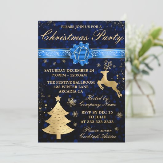 ブルーエレガント&ゴールドフォイルのリボンのクリスマスパーティー 招待状 (スタンド正面)