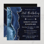 ブルーエレガント&シルバーグリッターアゲート21歳の誕生日 招待状 (正面/裏面)