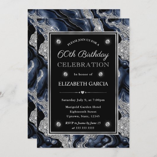 ブルーエレガント&シルバーグリッターアゲート60誕生日 招待状 (正面/裏面)