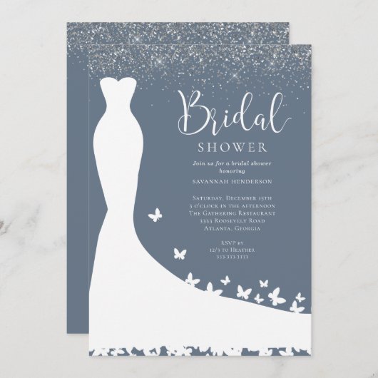 ブルーエレガント&シルバーグリッターブライダルシャワーインビ 招待状 (正面/裏面)