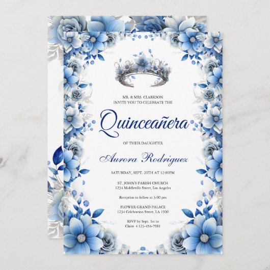 ブルーエレガント&シルバーフローラティアラキンセアニラ 招待状 (正面/裏面)