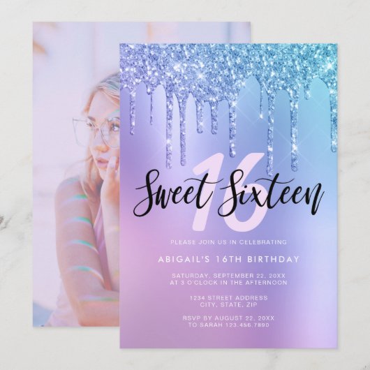 ブルーエレガント&パープルグリッタードリップsweet sixteen 招待状 (正面/裏面)