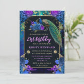 ブルーエレガント&パープルフローラ孔雀誕生日 招待状 (スタンド正面)