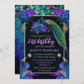 ブルーエレガント&パープルフローラ孔雀誕生日 招待状 (正面/裏面)