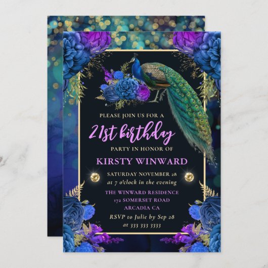 ブルーエレガント&パープルフローラ孔雀誕生日 招待状 (正面/裏面)