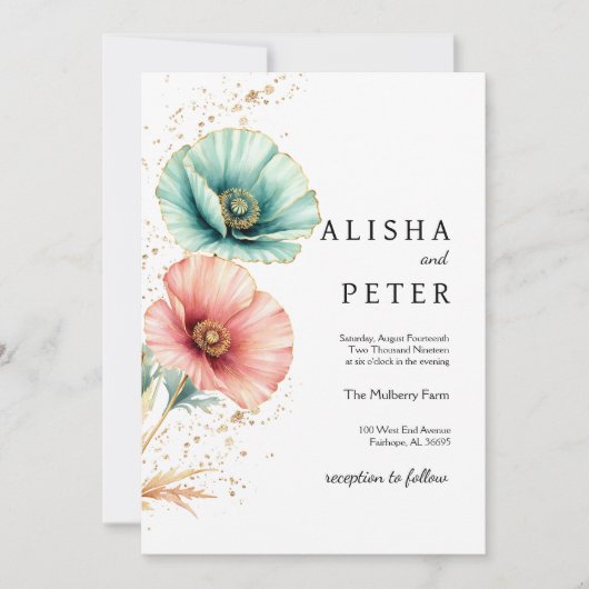 ブルーエレガント&ピンクウォーターカラー結婚式招待状 セーブザデート (正面)