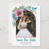 ブルーエレガント&ピンクフローラQRコードフォト結婚ズ セーブザデート (正面)