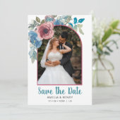 ブルーエレガント&ピンクフローラQRコードフォト結婚ズ セーブザデート (スタンド正面)