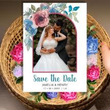 ブルーエレガント&ピンクフローラQRコードフォト結婚ズ