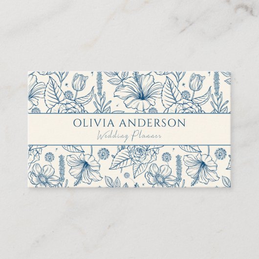 ブルーエレガント&ベージュフローララモダンインアートユニーク 名刺 (正面)