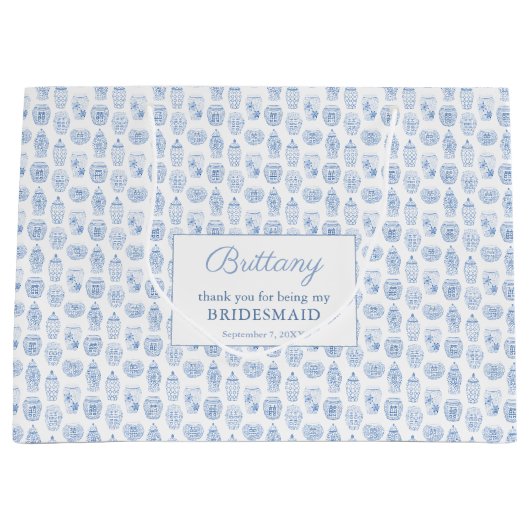 ブルーエレガント&ホワイトのブ結婚ライデスメイドありがとう ラージペーパーバッグ (正面)