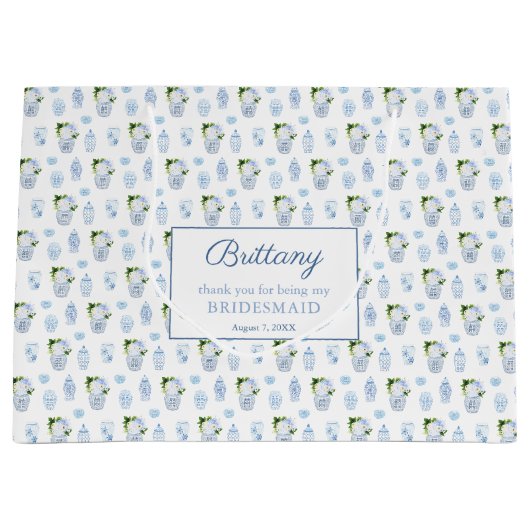 ブルーエレガント&ホワイトのブ結婚リーデスメイドさん ラージペーパーバッグ (正面)