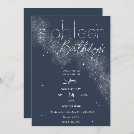 ブルーエレガント&ホワイトスターダスト18th誕生日パーティー 招待状 (正面/裏面)