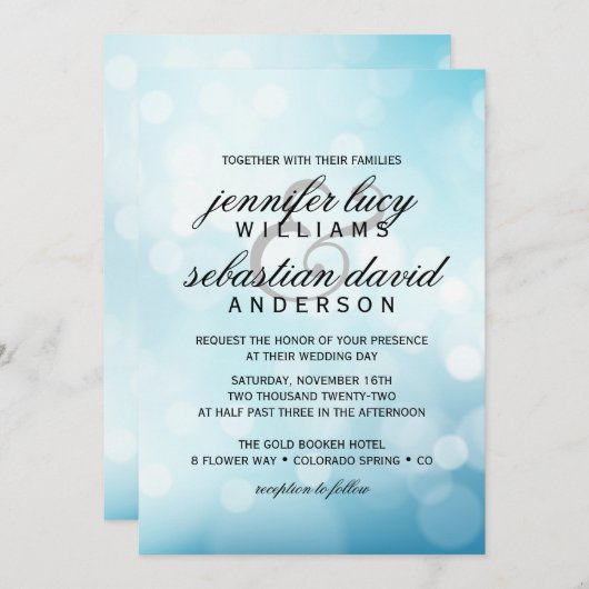 ブルーエレガント《写真》ぼけ味ライトシック結婚ズ 招待状 (正面/裏面)