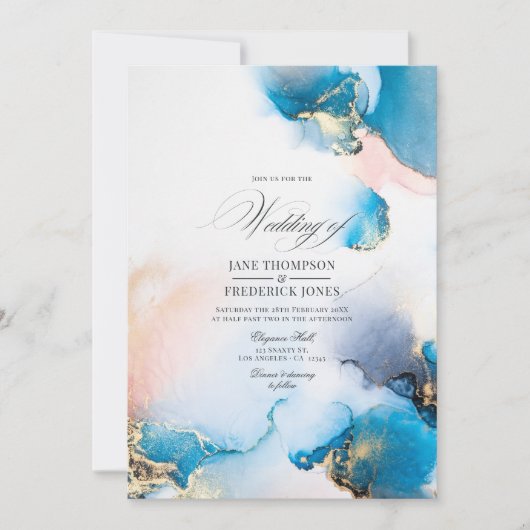 ブルーエレガント&金ゴールドアルコールインク(赤面アクセント付) 招待状 (正面)