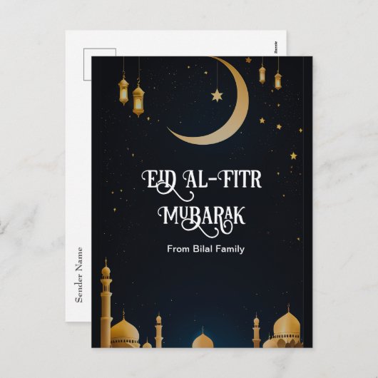 ブルーエレガント&金ゴールドイードアルフィトル三日月ポスト シーズンポストカード (正面/裏面)