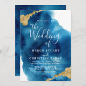ブルーエレガント&金ゴールドウォーターカラー結婚式招待状 招待状 (正面/裏面)