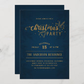 ブルーエレガント&金ゴールドクリスマスホリデーパーティー 招待状 (正面/裏面)