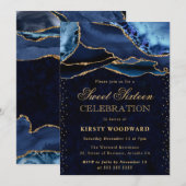 ブルーエレガント&金ゴールドグリッターアガテスウィート16 招待状 (正面/裏面)