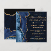 ブルーエレガント&金ゴールドグリッターアガテスウィート16 招待状 (正面/裏面)