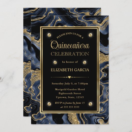 ブルーエレガント&金ゴールドグリッターアゲートキンセアニェラ 招待状 (正面/裏面)