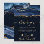 ブルーエレガント&金ゴールドグリッターアゲートブライダルシャワー サンキューカード (正面/裏面)