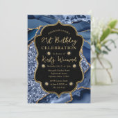 ブルーエレガント&金ゴールドグリッターアゲート21歳の誕生日 招待状 (スタンド正面)