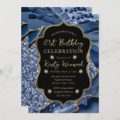 ブルーエレガント&金ゴールドグリッターアゲート21歳の誕生日 招待状 (正面/裏面)
