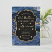 ブルーエレガント&金ゴールドグリッターアゲート21歳の誕生日 招待状 (スタンド正面)