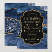 ブルーエレガント&金ゴールドグリッターアゲート21歳の誕生日 招待状 (正面/裏面)