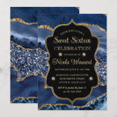 ブルーエレガント&金ゴールドグリッターアゲートSweet sixteen 招待状 (正面/裏面)