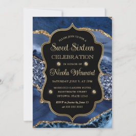 ブルーエレガント&金ゴールドグリッターアゲートSweet sixteen 招待状