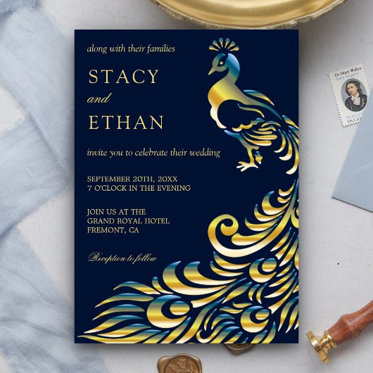 ブルーエレガント&金ゴールドピーコック結婚式招待状 招待状