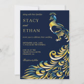 ブルーエレガント&金ゴールドピーコック結婚式招待状 招待状 (正面)