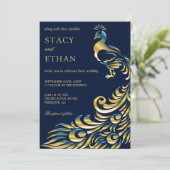 ブルーエレガント&金ゴールドピーコック結婚式招待状 招待状 (スタンド正面)