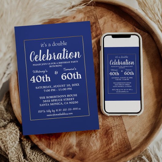 ブルーエレガント&金ゴールドフレーム誕生日パーティー 招待状