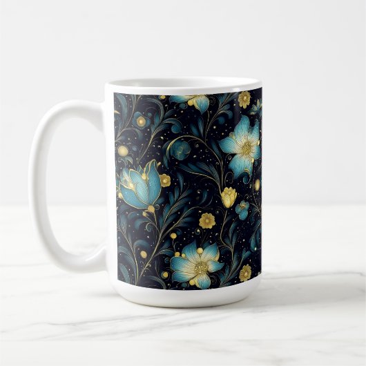 ブルーエレガント&金ゴールドフローラホリデーデザイン コーヒーマグカップ (左)